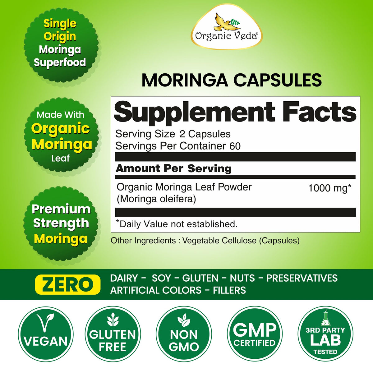 Moringa Organic Veda avec un verre d'eau