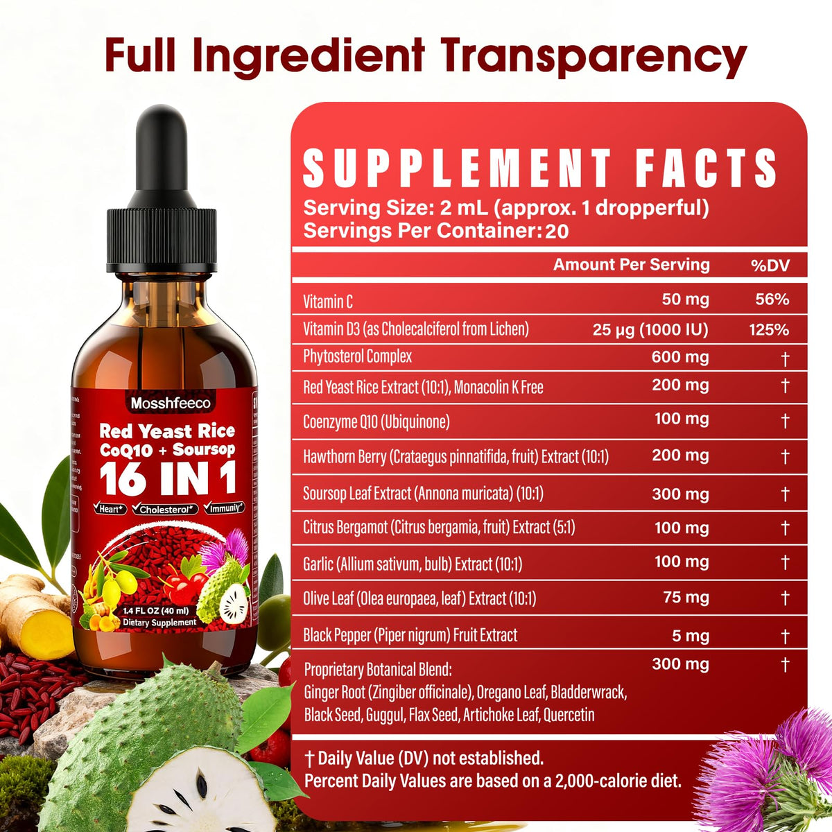 MOSSHFEECO complément alimentaire Riz Rouge 40ml avec CoQ10 et extrait de feuille de soursop