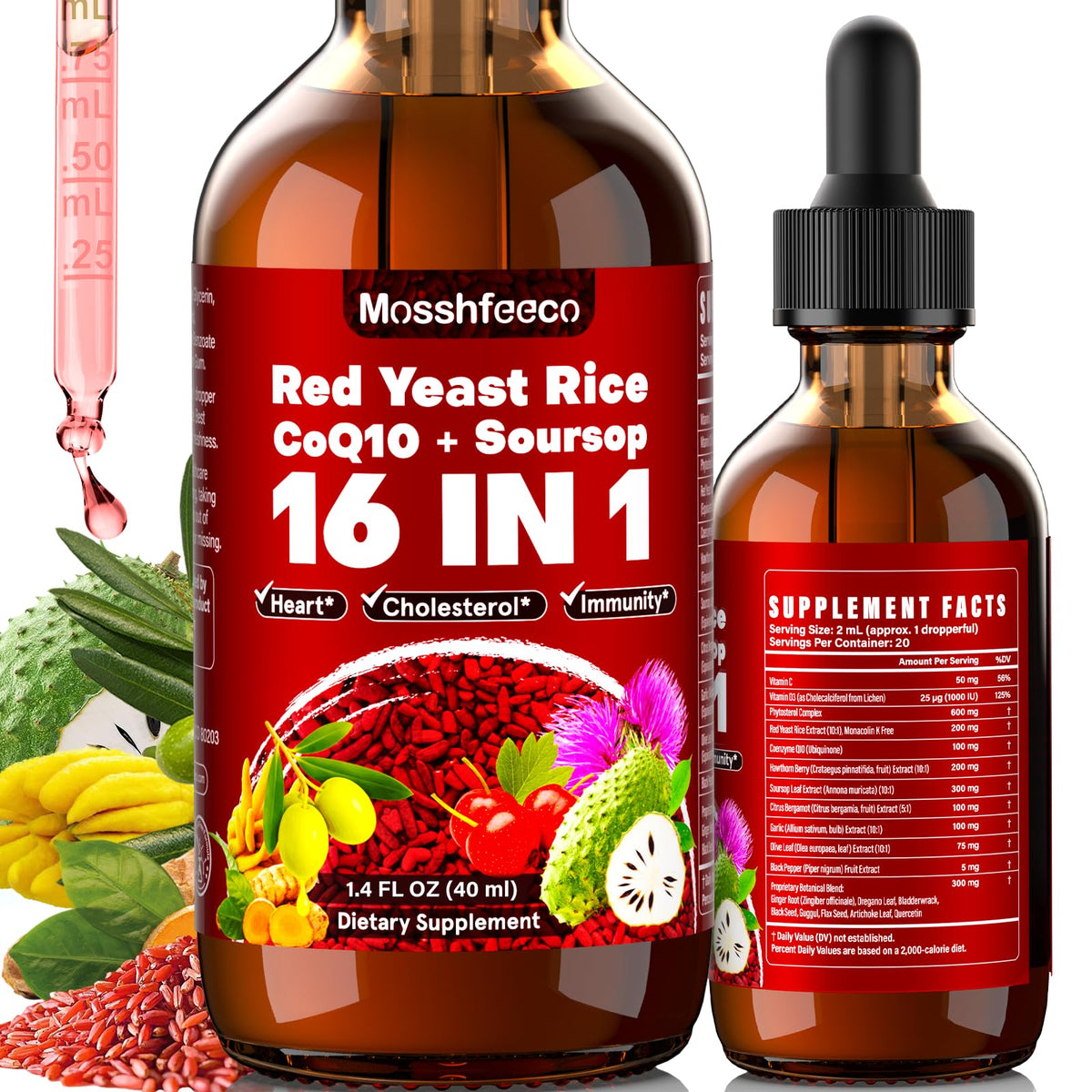 MOSSHFEECO complément alimentaire Riz Rouge 40ml vue avant avec étiquette