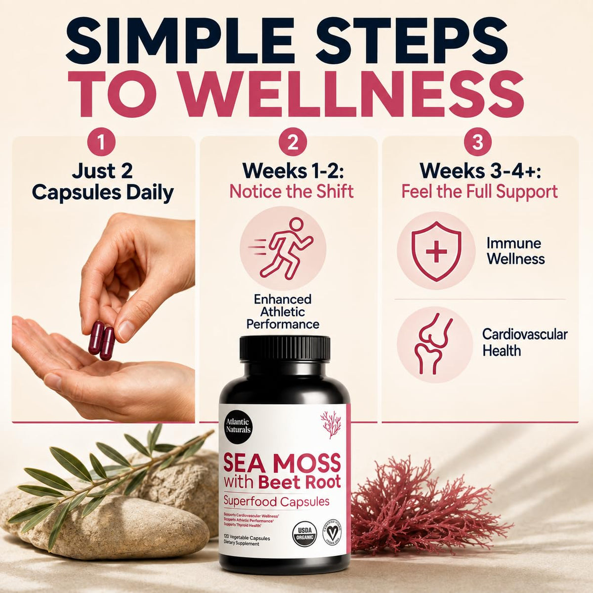 Mousse de mer et betterave en capsules Atlantic Naturals sur une table en bois