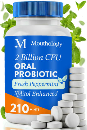 Mouthology Probiotiques Oraux 210 Menthes Xylitol, vue avant de la bouteille