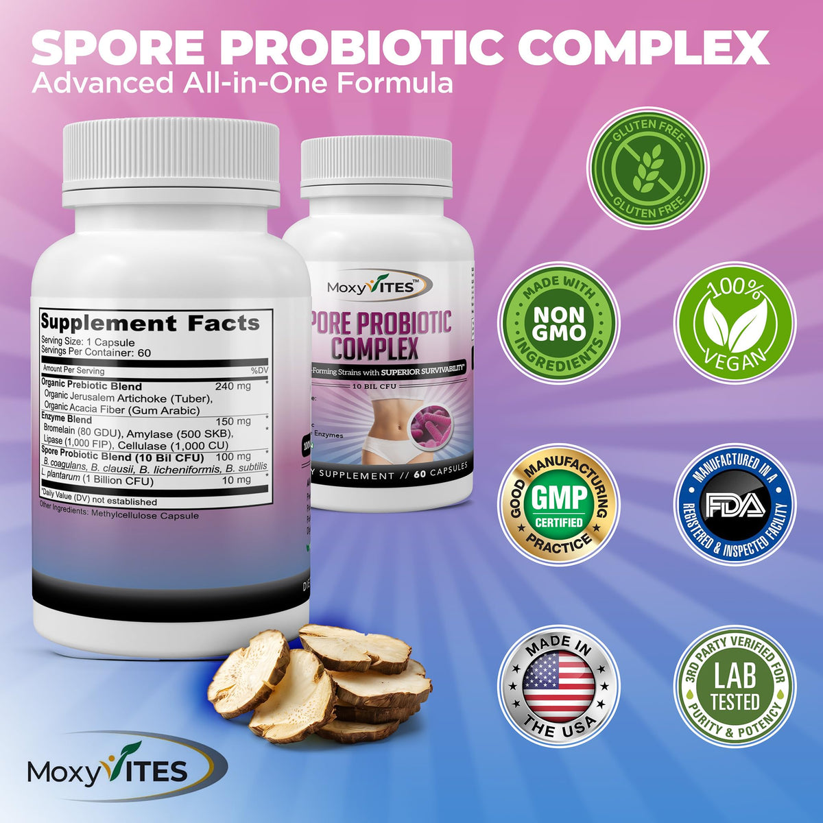 MoxyVites Complex Probiotique Spore 240g en main