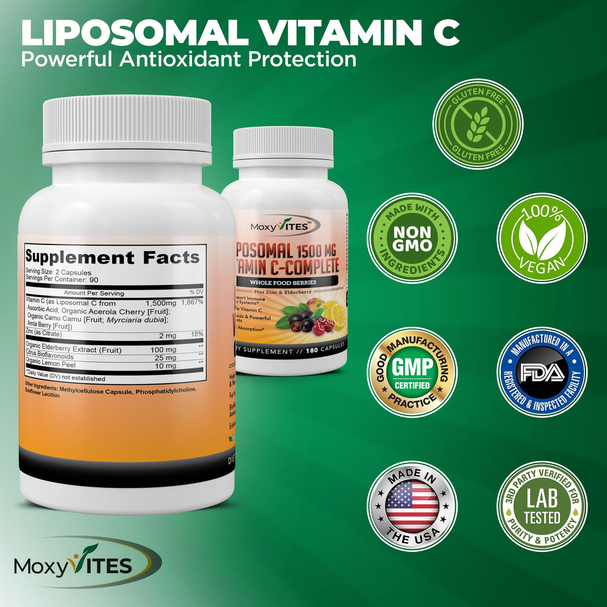 MoxyVites Vitamine C Liposomale vue latérale de la bouteille