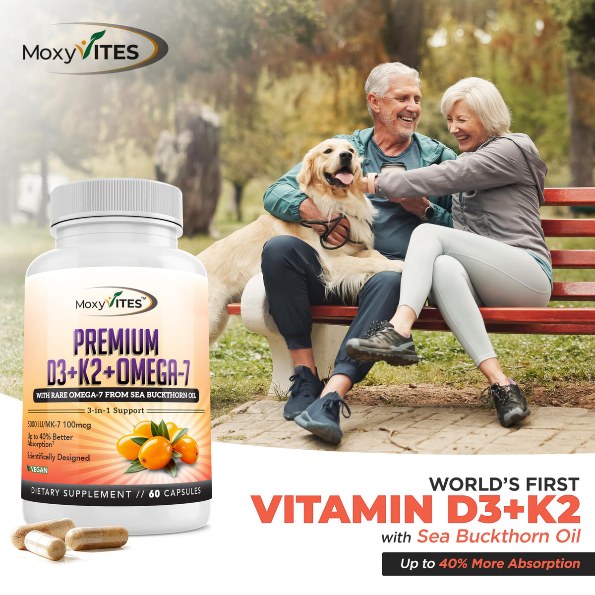 MoxyVites Vitamine D3 K2 5000 IU 60 capsules sur fond neutre