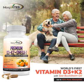 MoxyVites Vitamine D3 K2 5000 IU 60 capsules sur fond neutre