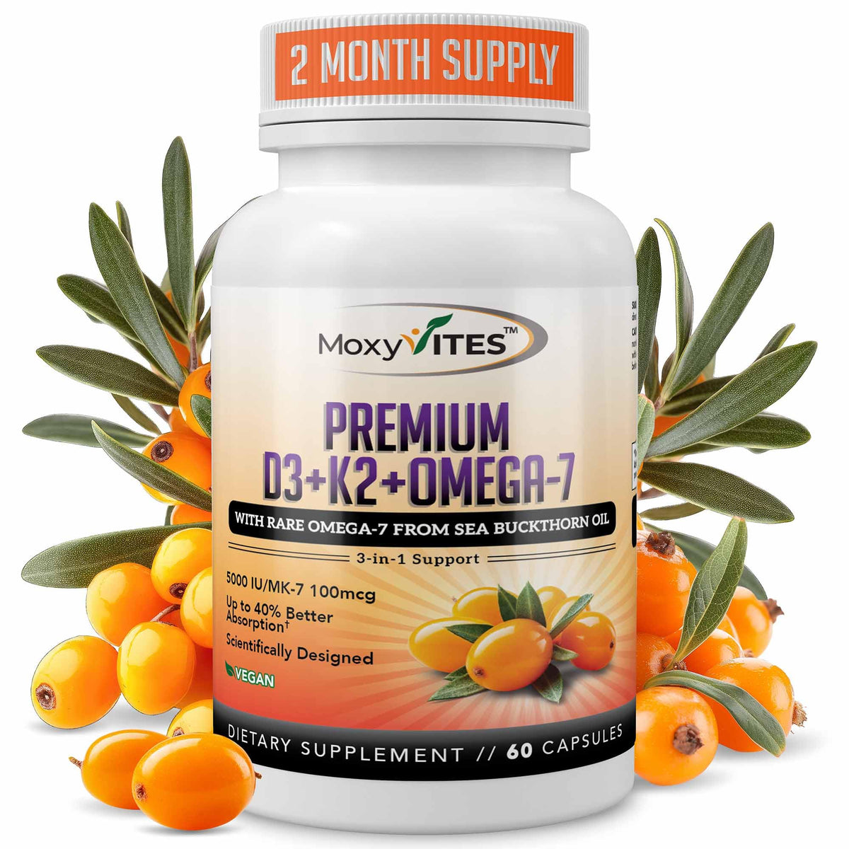 MoxyVites Vitamine D3 K2 5000 IU 60 capsules végétaliennes vue de face