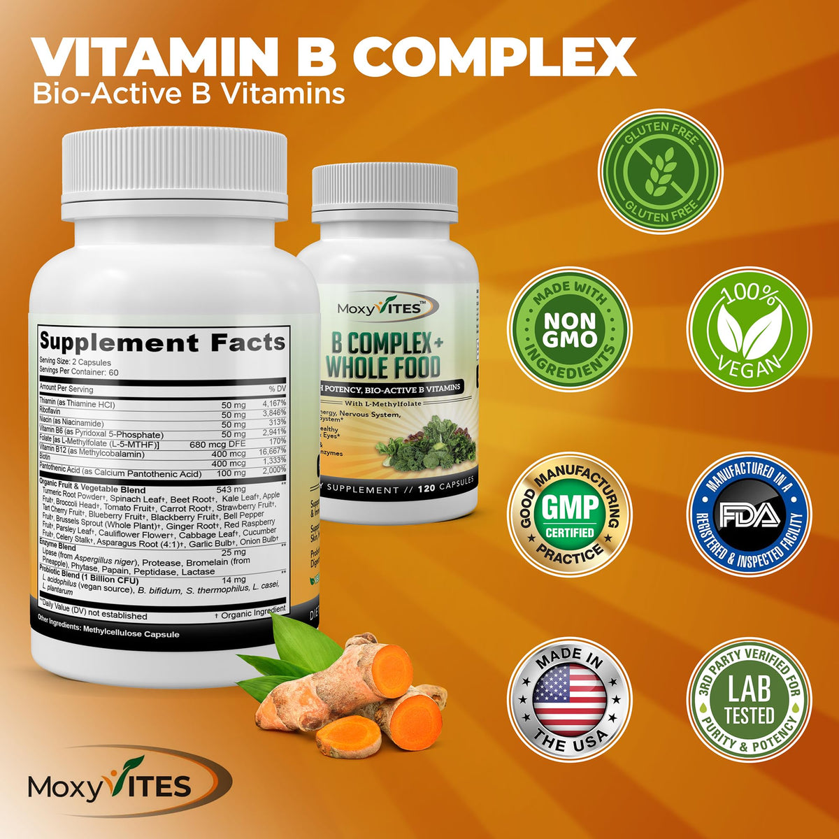 MoxyVites Vitamines B Complex 120 capsules avec ingrédients