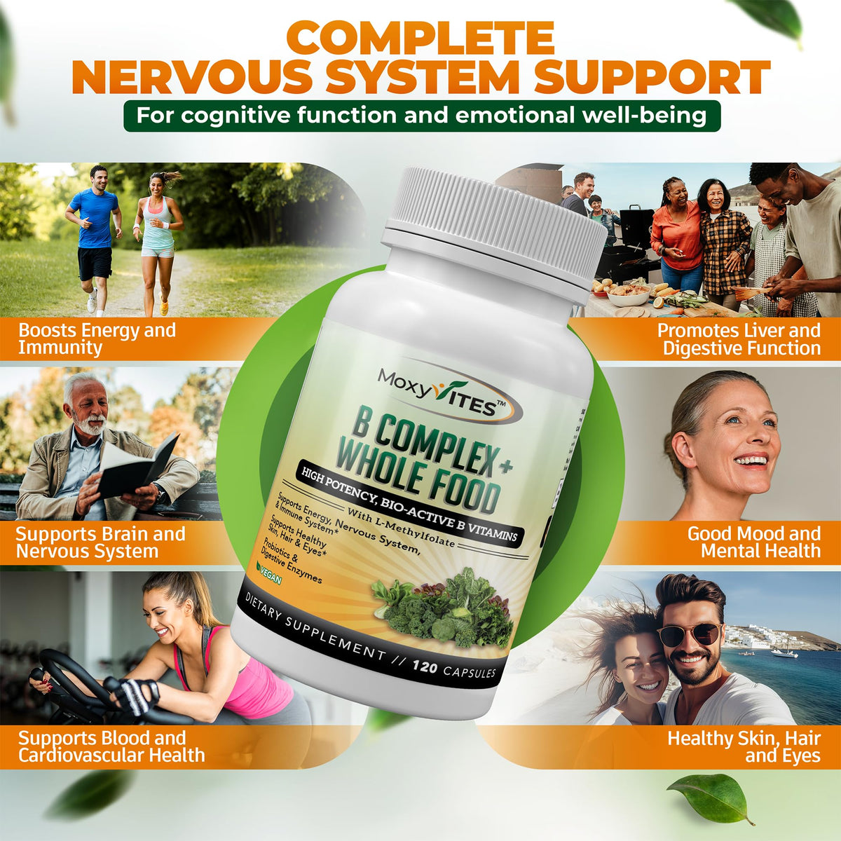 MoxyVites Vitamines B Complex 120 capsules sur fond blanc
