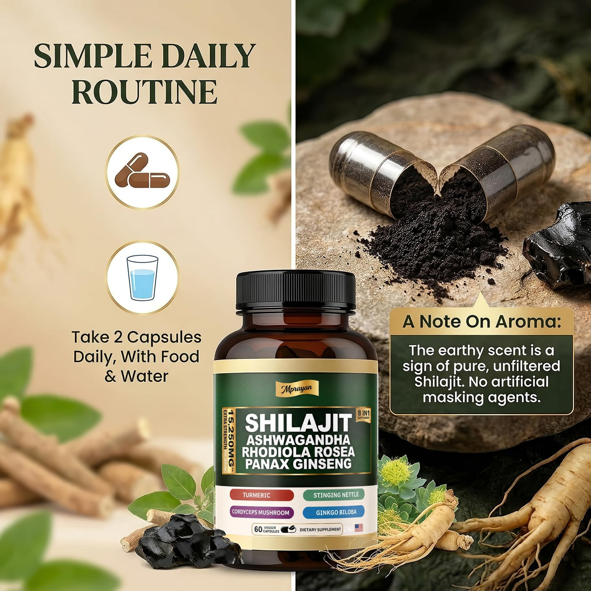 MPRAYAN capsules de Shilajit avec Ashwagandha sur fond blanc