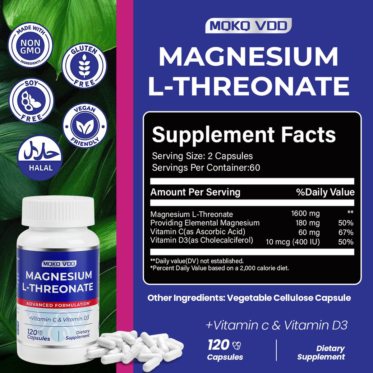 MQKQ VDD Magnésium L-Thréonate capsules avec étiquette