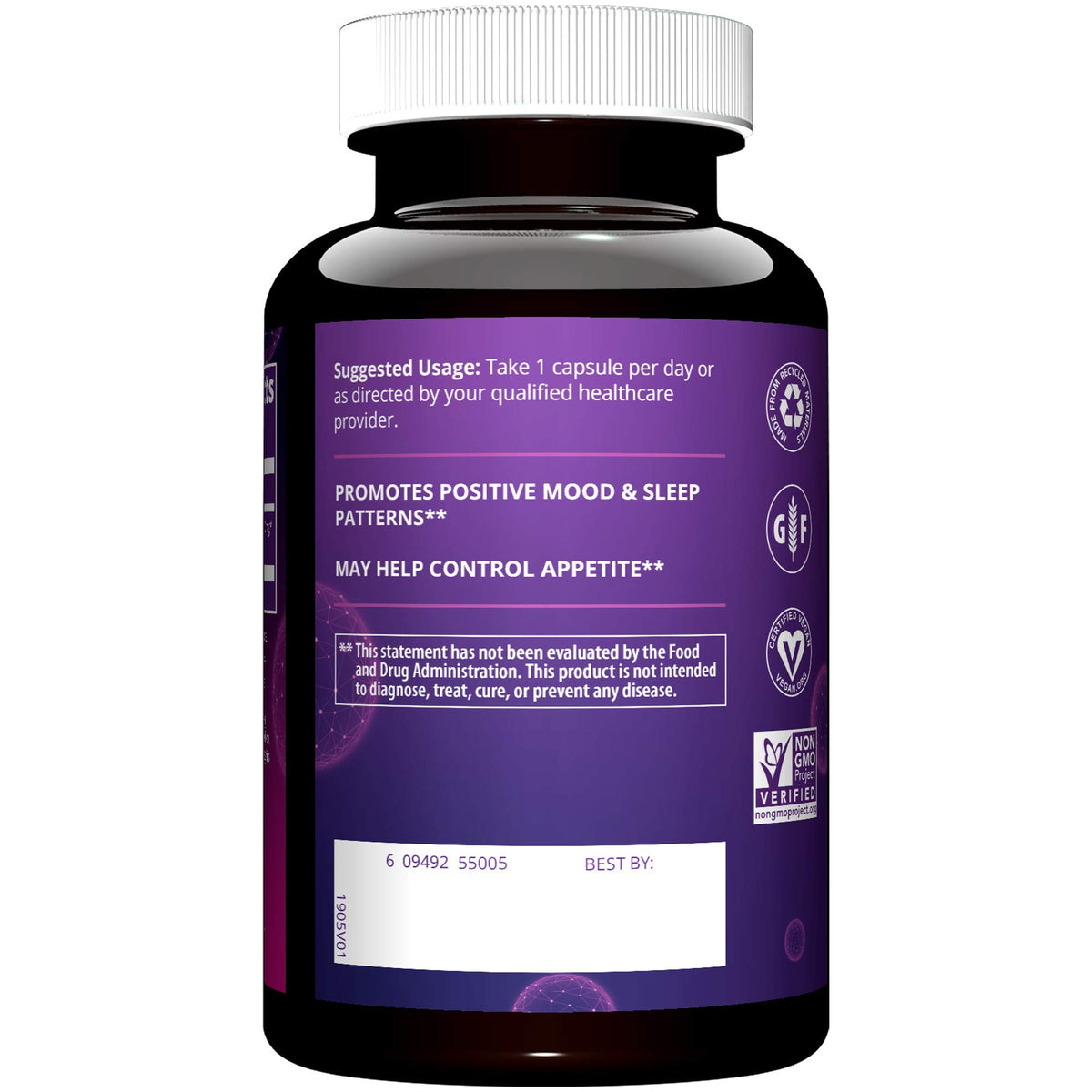MRM 5-HTP 50 mg capsules, vue de côté avec étiquette