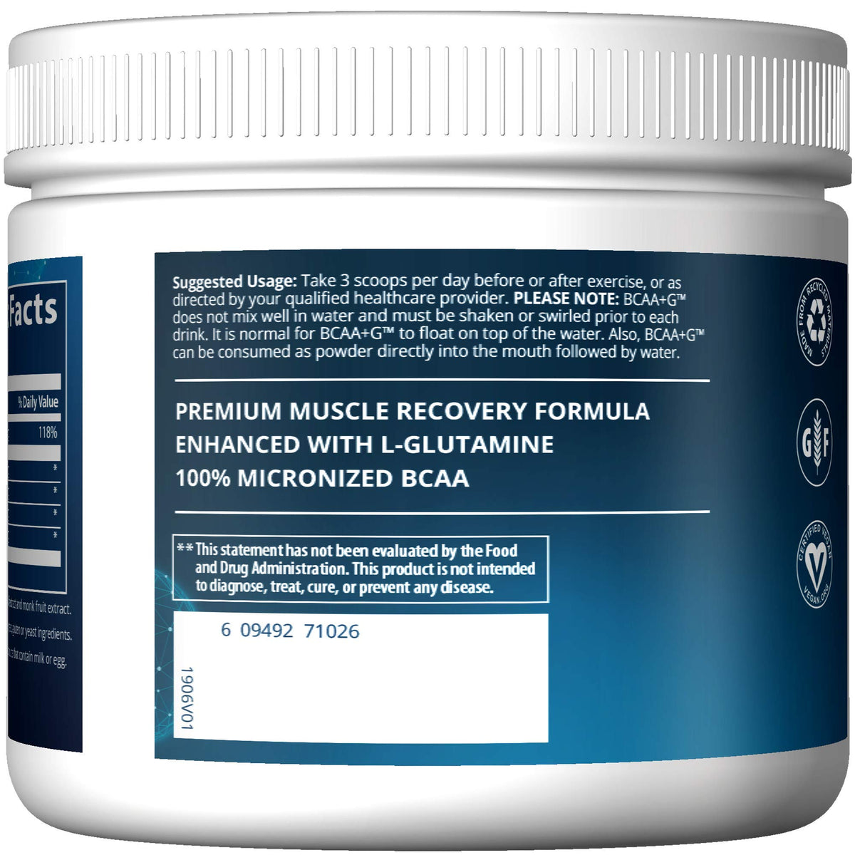 MRM BCAA + G Poudre Vegan au citron, informations nutritionnelles