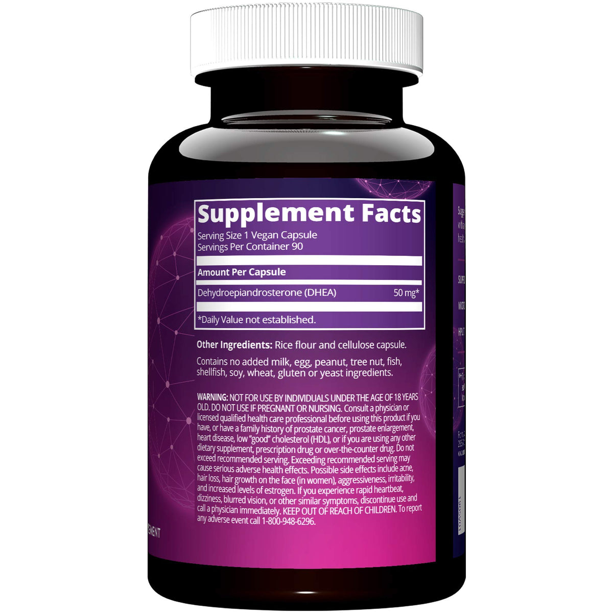 MRM DHEA 50mg flacon avec étiquette, présentation du produit