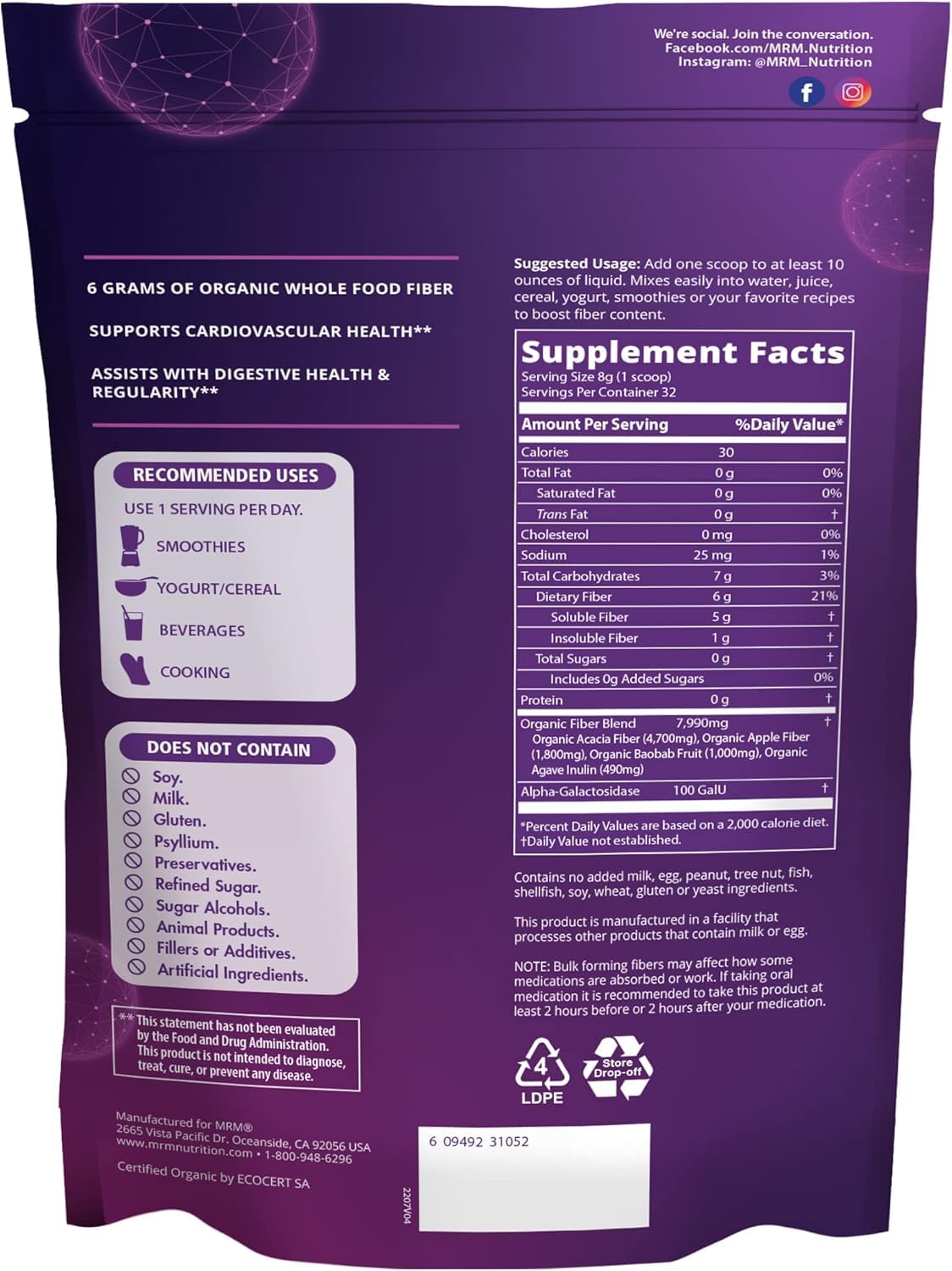 MRM Fibre Alimentaire Bio 272g vue arrière avec ingrédients