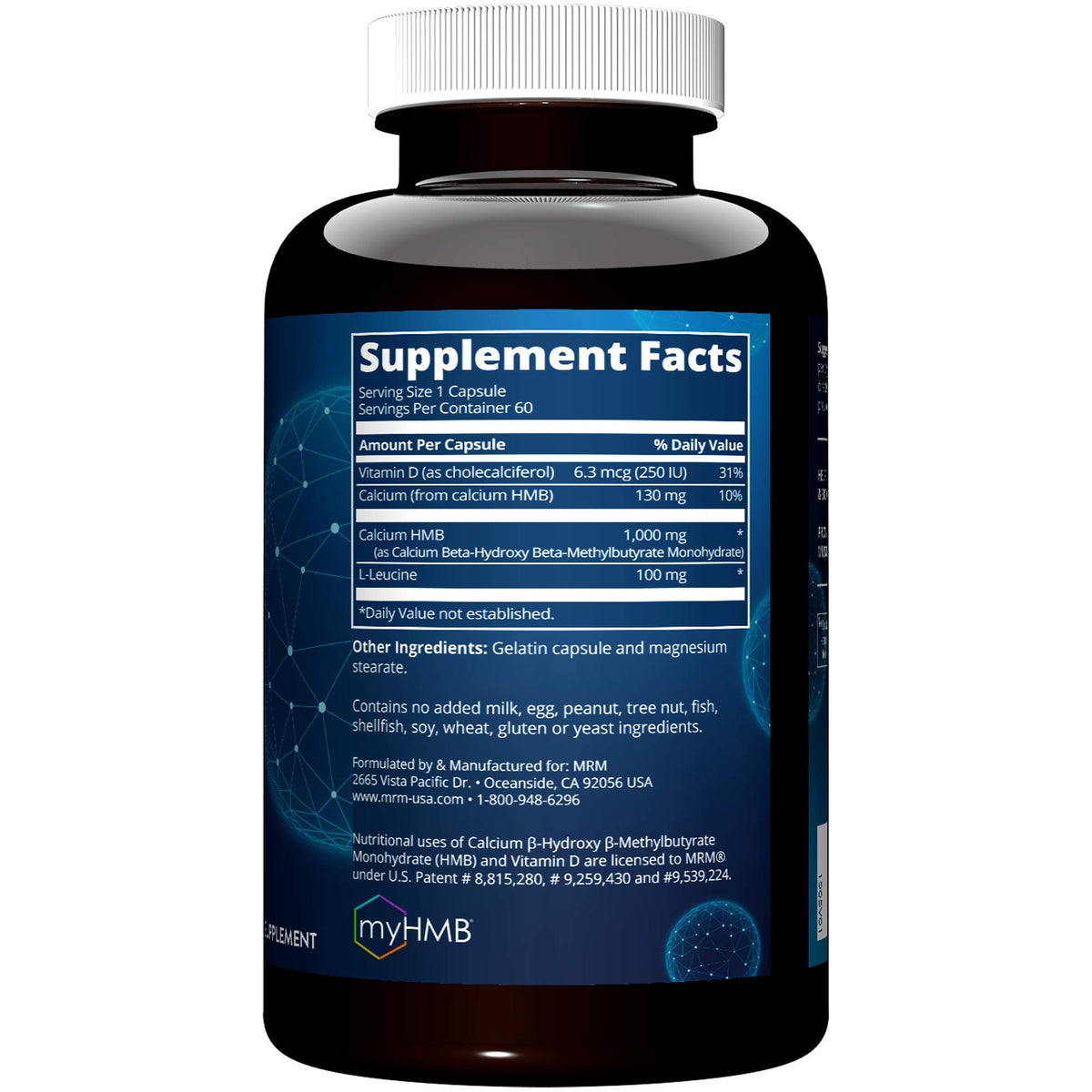MRM HMB 1000 contenant et capsules sur un fond neutre