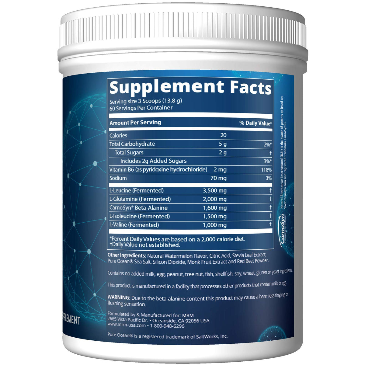 MRM Nutrition Reload BCAA+G 67 portions - étiquette avec ingrédients