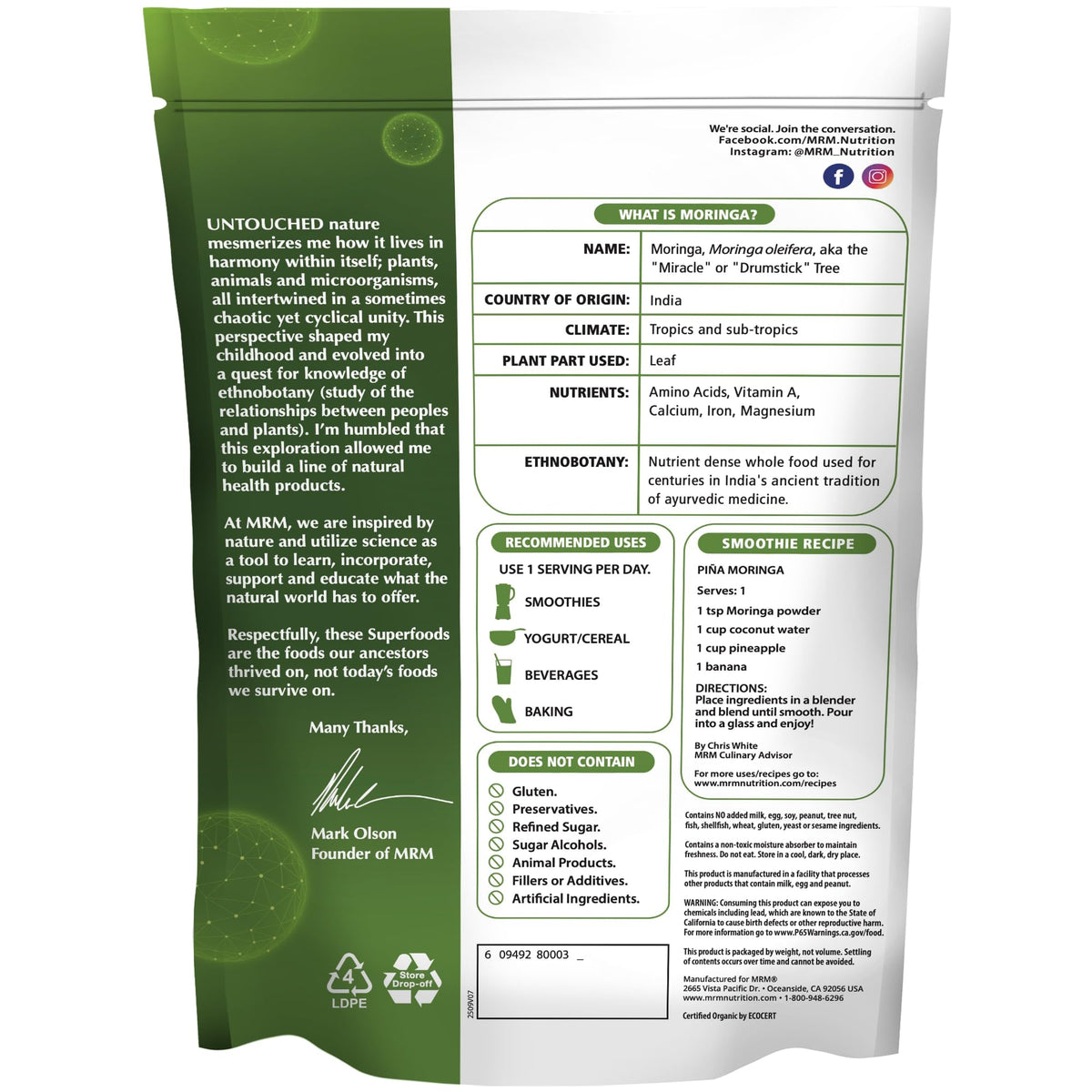 MRM Poudre de Moringa Bio 270g en cuillère sur une table