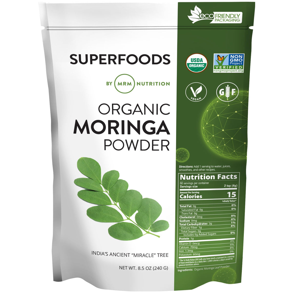 MRM Poudre de Moringa Bio 270g vue avant avec étiquette