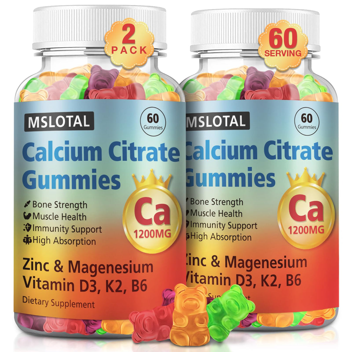MSLOTAL Gummies de Citrate de Calcium 1200 mg avec Vitamine D3 - emballage avant