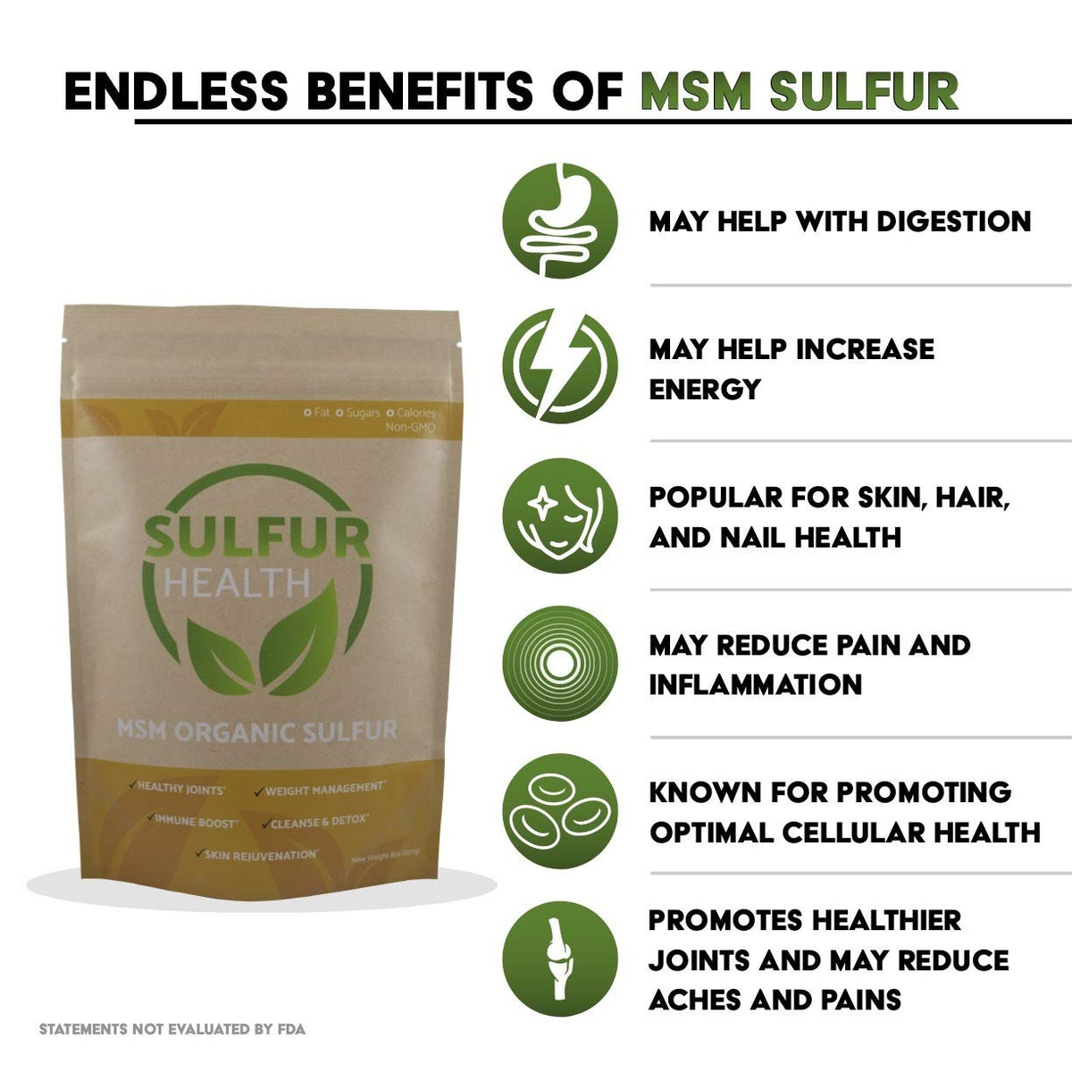 MSM organique Sulfur Health 481g sur table en bois