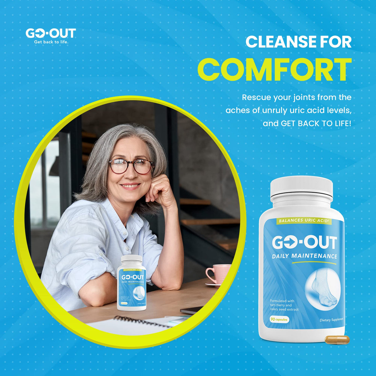 Mt. Angel Vitamins Go Out Daily Maintenance capsules on a kitchen counter