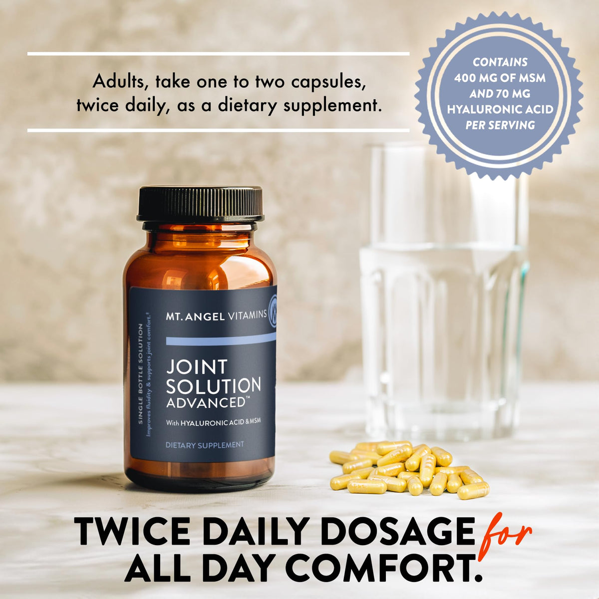 Mt. Angel Vitamins Joint Solution Advanced 60 Capsules with a measuring spoon