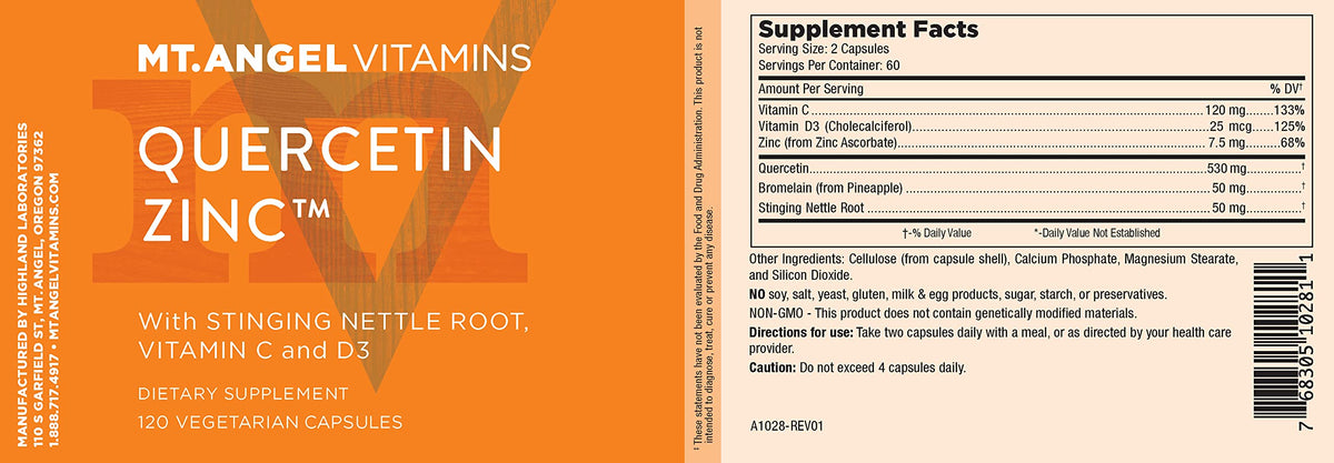Mt. Angel Vitamins Zinc Quercetine 500mg capsules open bottle