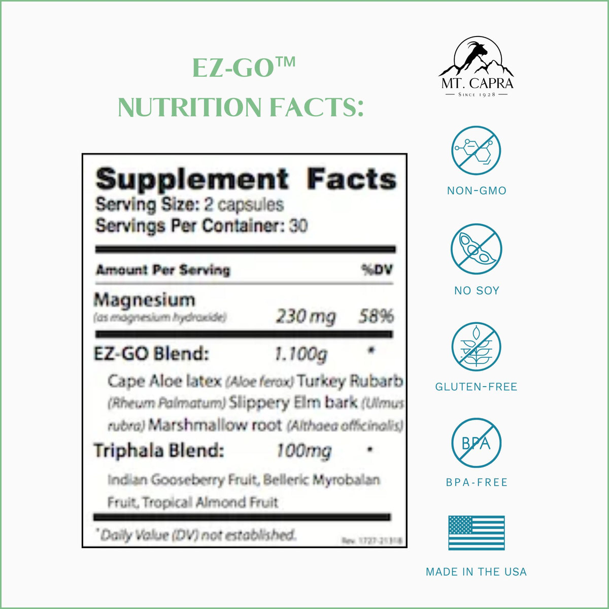 Mt. Capra EZ-Go Complément Alimentaire 30 Portions avec étiquette détaillée