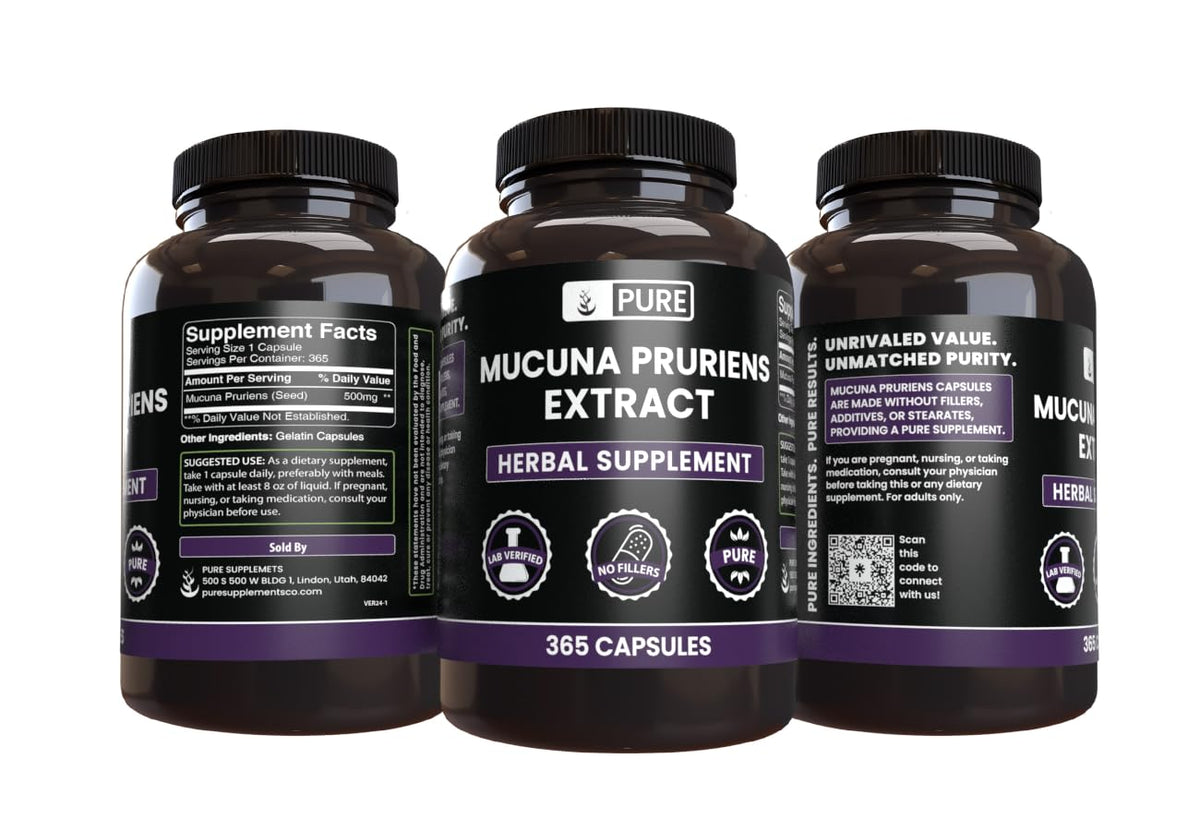 Mucuna Pruriens Capsules avec une main tenant le flacon