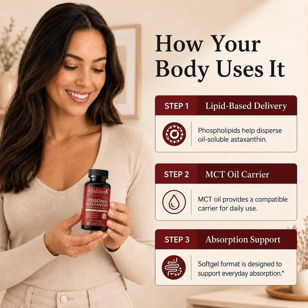 Mulittea Astaxanthin Liposomal 12mg gélules sur une table