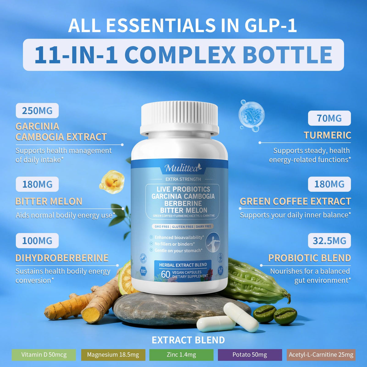 Mulittea complément alimentaire 12-en-1 capsules ouvertes
