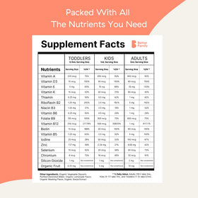 Multivitamine liquide Better Family sur une table avec des fruits