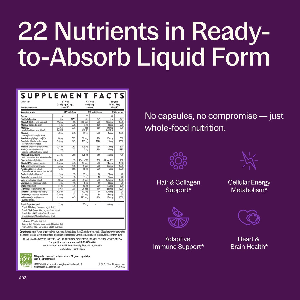 Multivitamine Liquide New Chapter sur une table avec des fruits frais