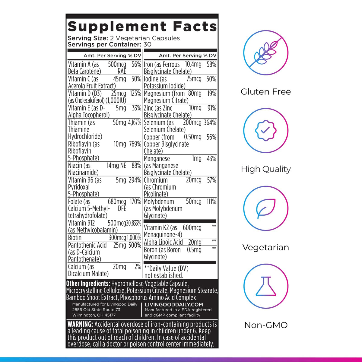Multivitamine Livingood Daily avec des légumes frais en arrière-plan