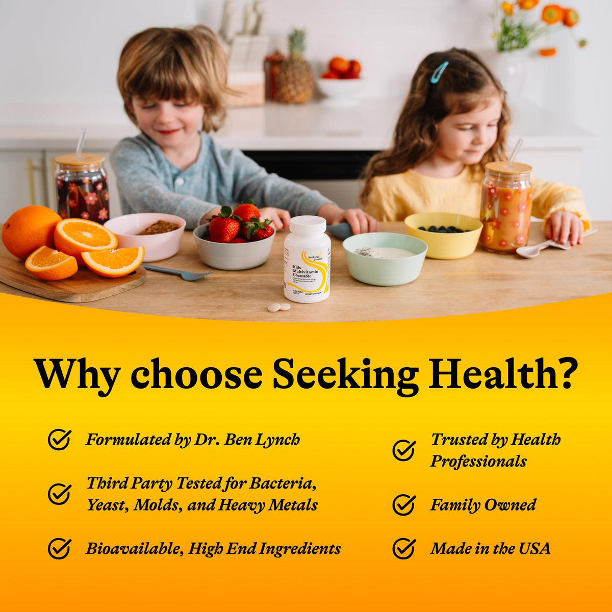 Multivitamine mâchable Seeking Health pour enfants sur une table