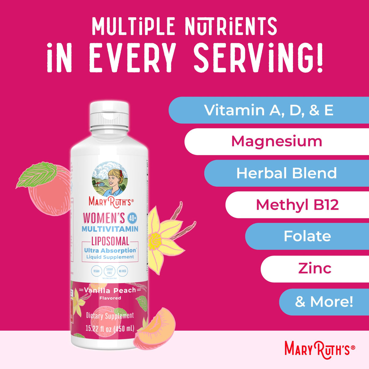 Multivitamine MARYRUTH'S avec des ingrédients naturels en arrière-plan