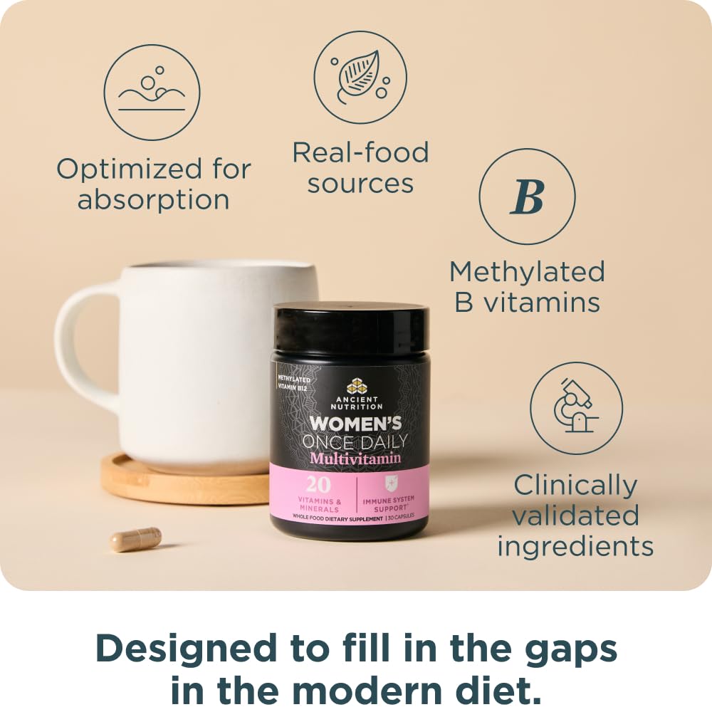 Multivitamine Methylée Femme Ancient Nutrition, bouteille ouverte montrant les capsules
