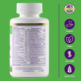 Multivitamine Paradise Herbs avec des super-aliments en arrière-plan