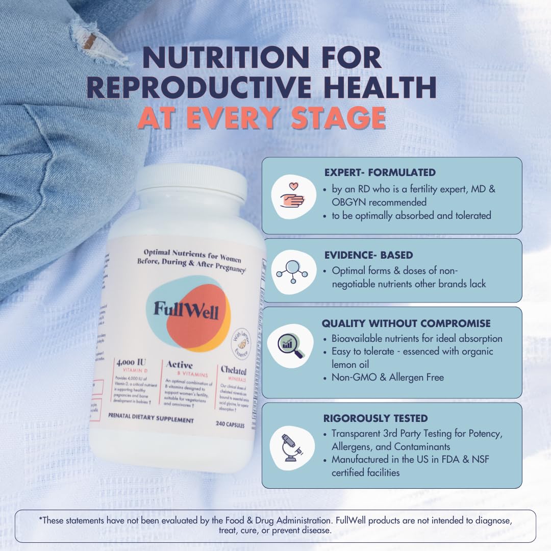 Multivitamine prénatale FullWell 240 comprimés sur fond blanc