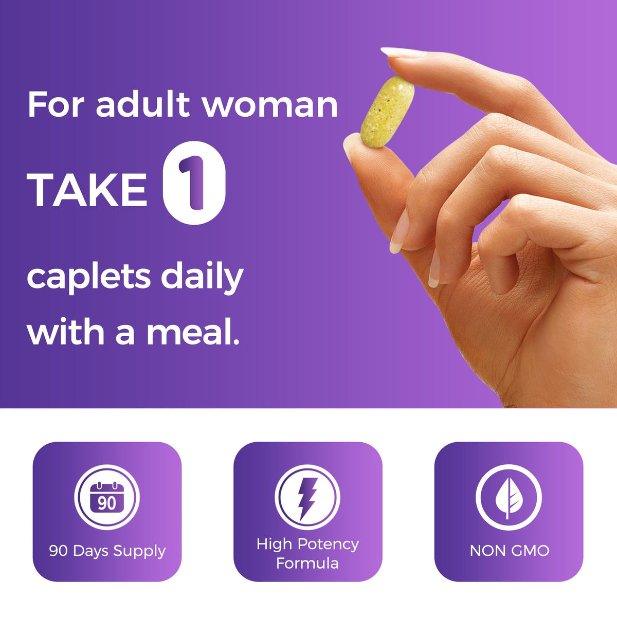 Multivitamine Ultra 360 Femme, vue de côté pour montrer la taille du caplet