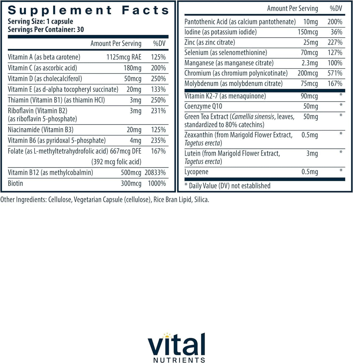 Multivitamine Végétalienne Vital Nutrients 30 Capsules vue arrière