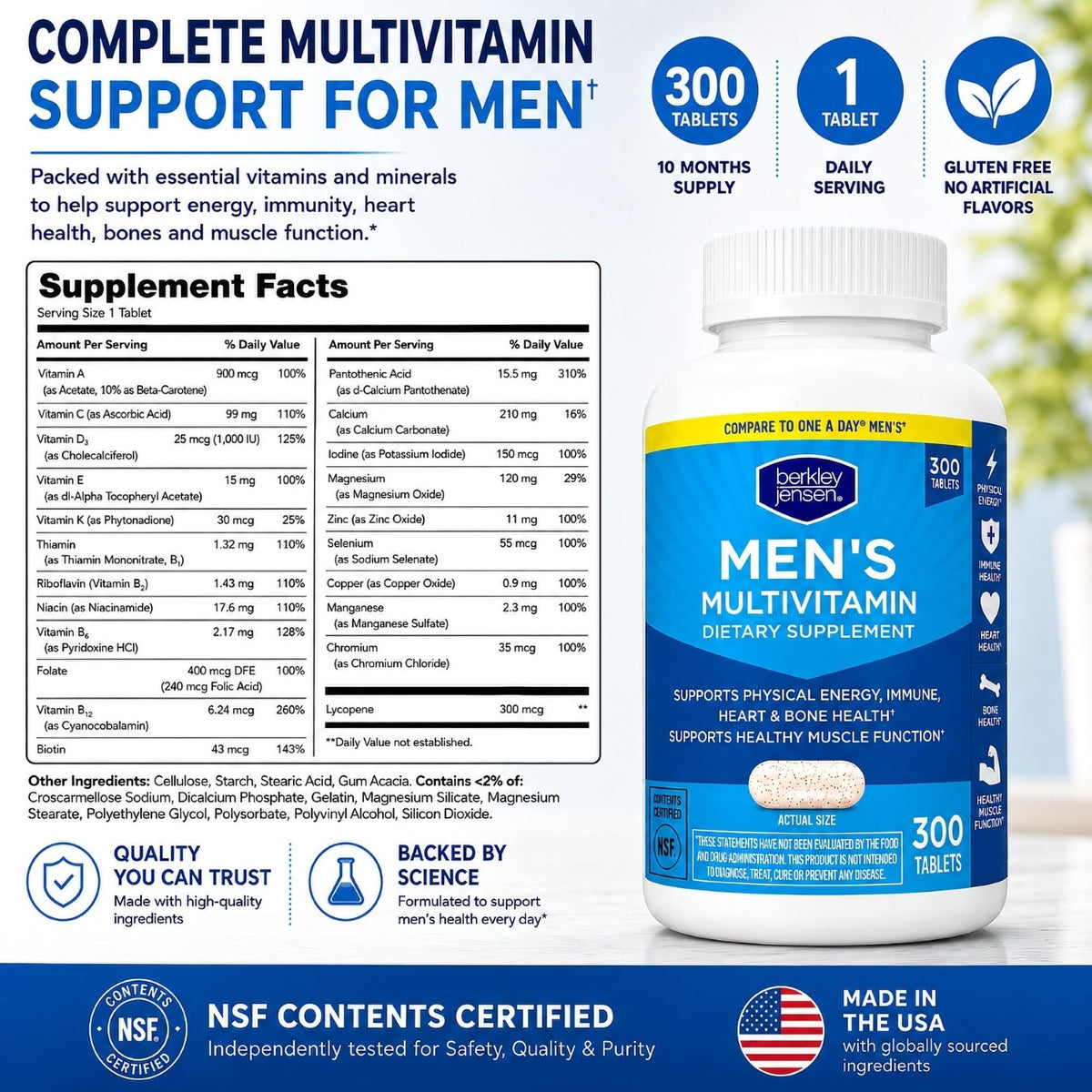 Multivitamines berkley jensen pour hommes 300 comprimés en gros plan