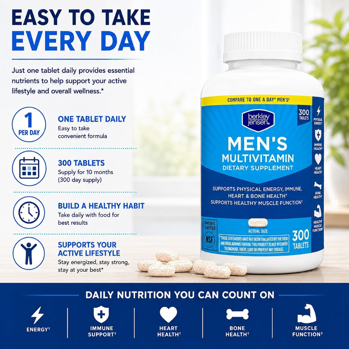 Multivitamines berkley jensen pour hommes sur un fond blanc