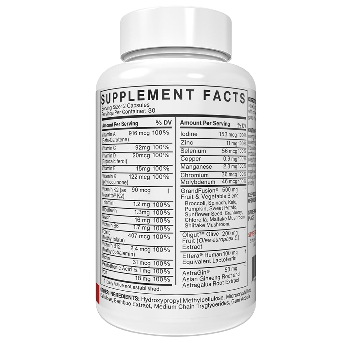 Multivitamines complètes Silver Fern capsules sur une surface blanche