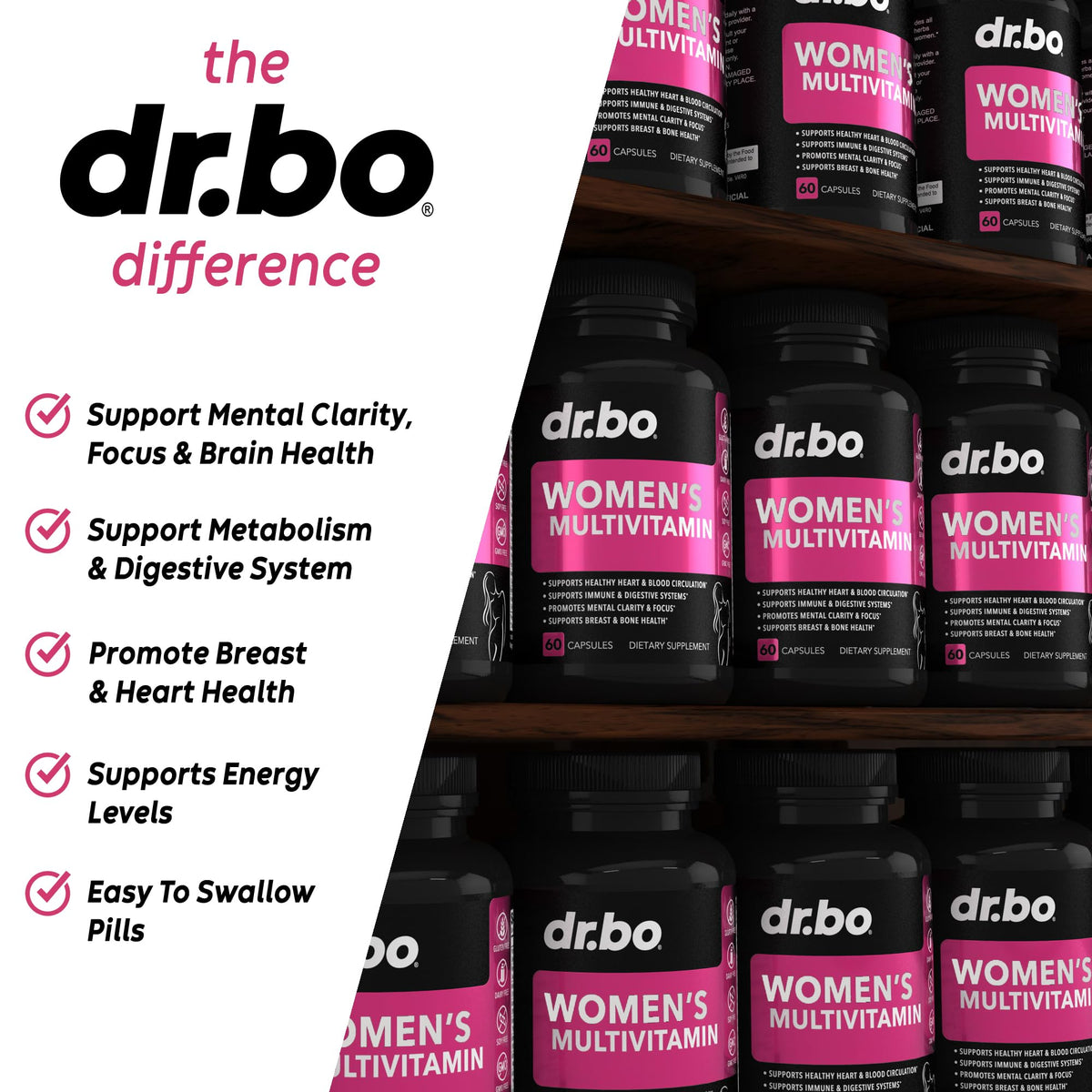 Multivitamines DR. BO pour femmes sur fond blanc