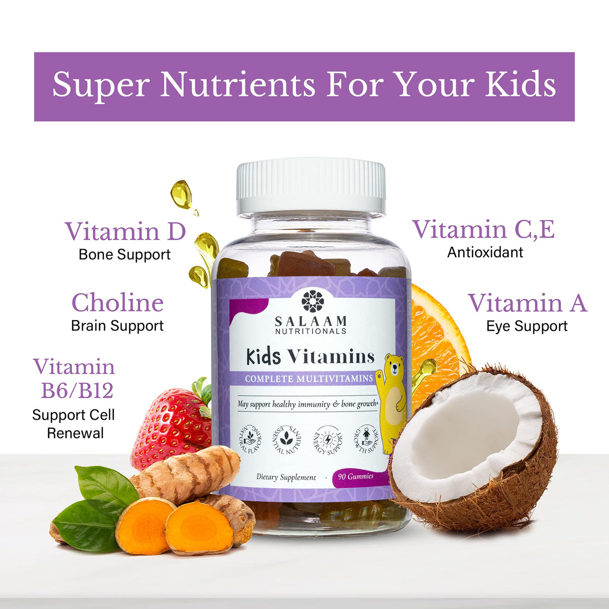 Multivitamines gélifiées Salaam Nutritionals sur une table