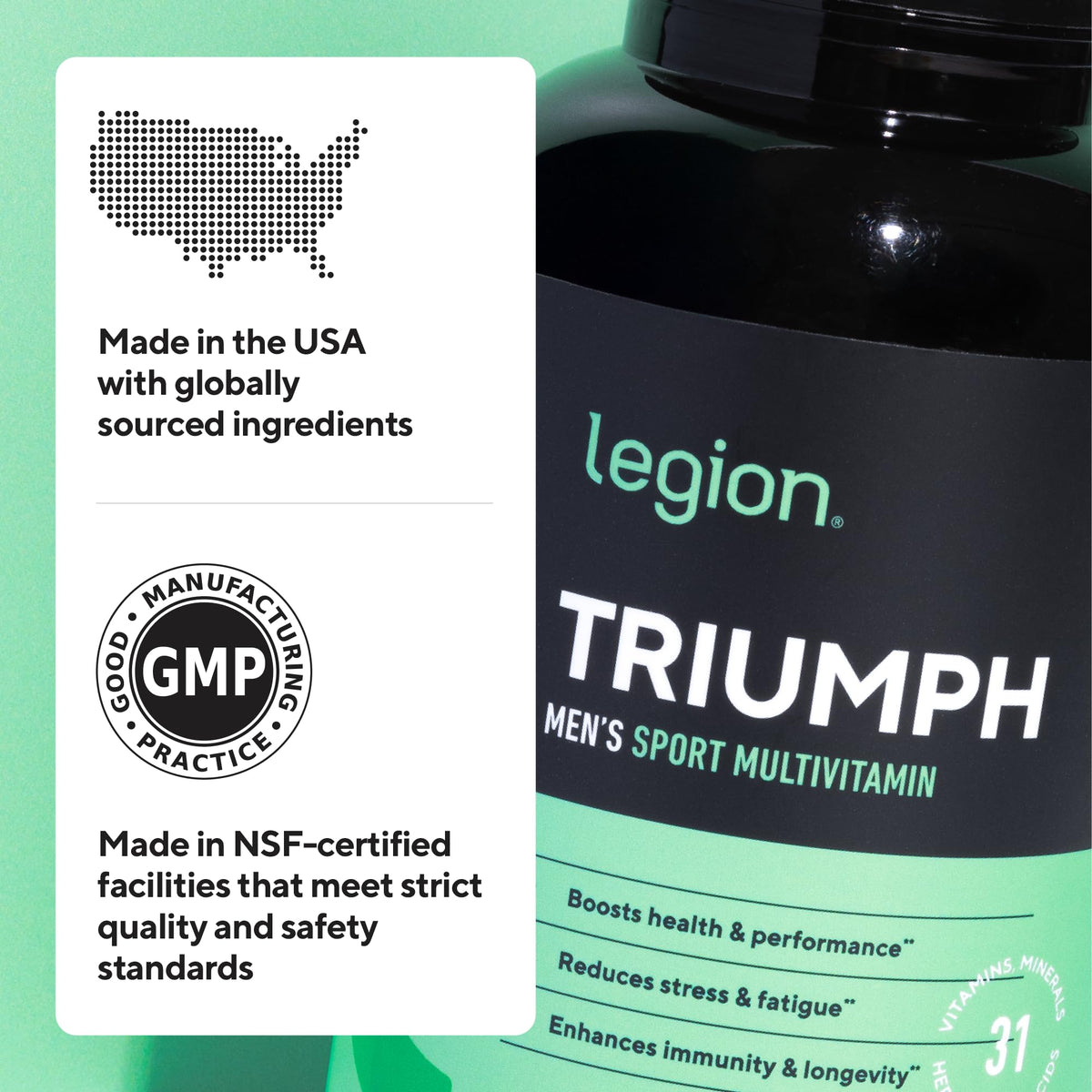 Multivitamines LEGION Triumph pour hommes sur un fond neutre