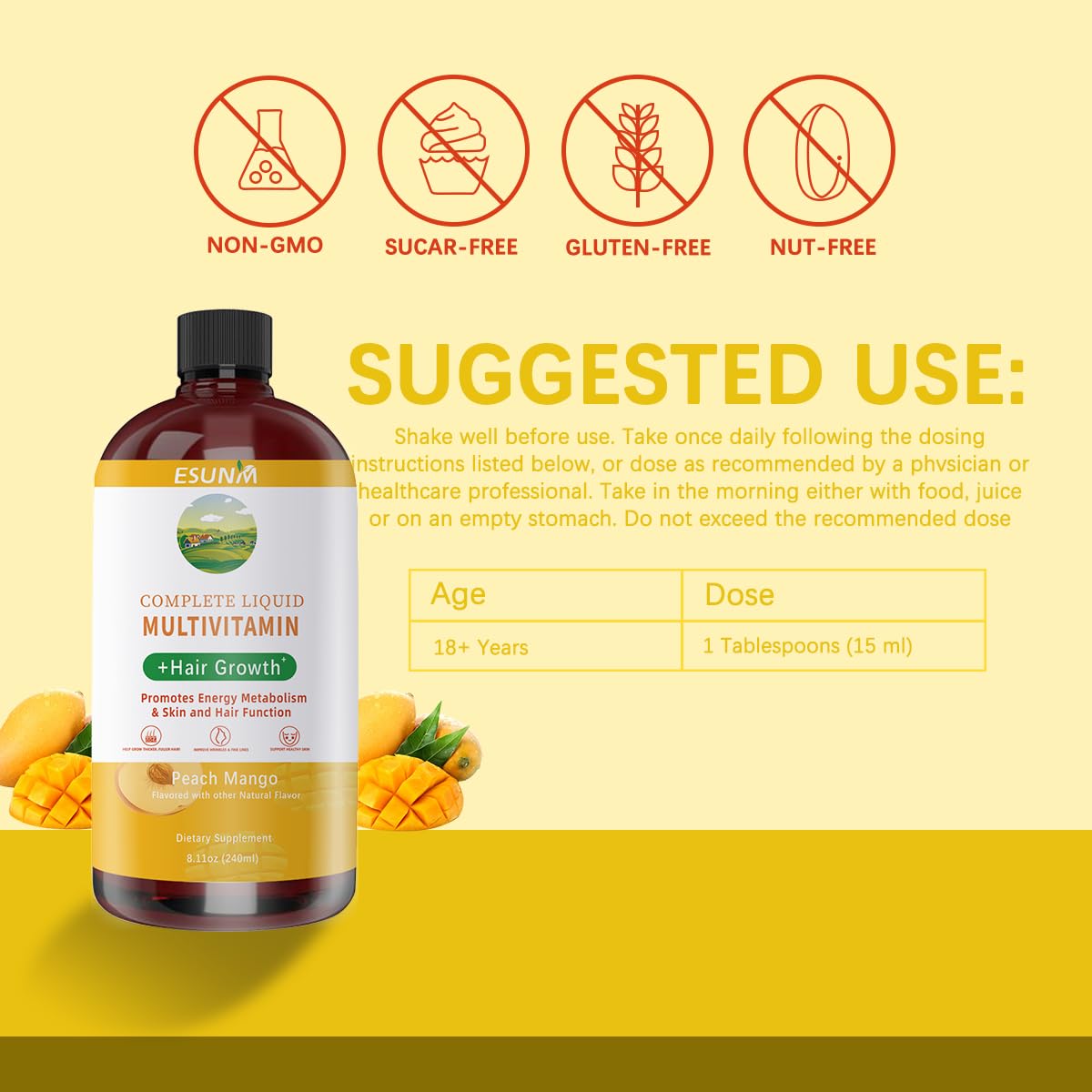Multivitamines liquides ESUNM dans un verre avec des fruits en arrière-plan