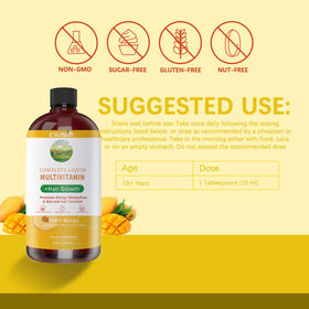 Multivitamines liquides ESUNM dans un verre avec des fruits en arrière-plan