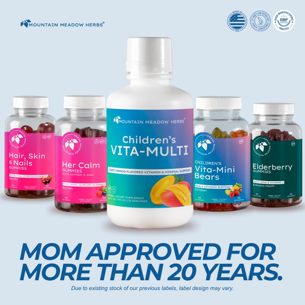 Multivitamines liquides pour enfants Mountain Meadow Herbs, arrière de la bouteille